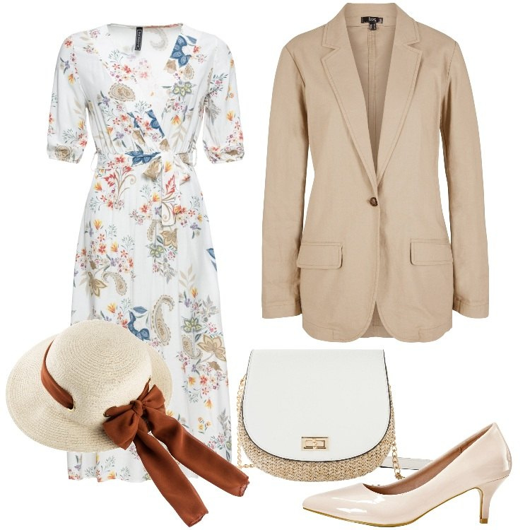 Outfit donna - Total look #1844216. Stile Casual chic per Cerimonia. Abbinamento con cappelli, vestiti midi/longuette, blazer, décolleté, borse a tracolla.