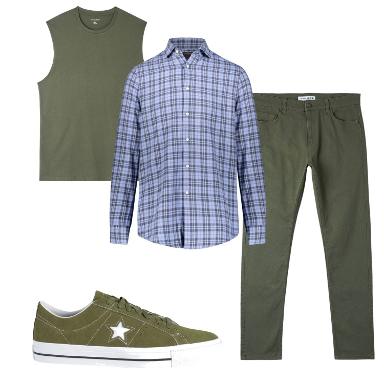 Outfit uomo - Total look. Stile Casual per Tutti i giorni. Abbinamento con sneakers, t-shirt, pantaloni skinny, camicie.