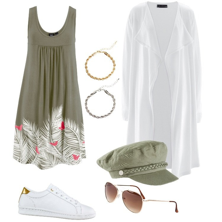 Outfit donna - Total look #1844222. Stile Trendy per Mare. Abbinamento con occhiali da sole, cappelli, vestiti senza maniche, cardigans, sneakers, braccialetti.