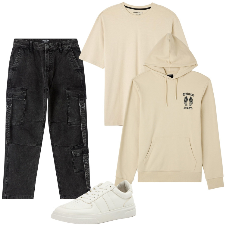 Outfit uomo - Total look #1844224. Stile Urban per Tutti i giorni. Abbinamento con felpe con cappuccio, jeans, sneakers, t-shirt.