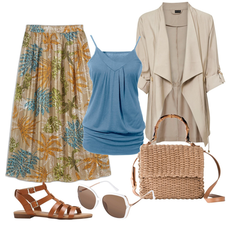 Outfit donna - Come un tè nel deserto. Stile Etnico per Tutti i giorni. Abbinamento con top, gonne lunghe, blazer, sandali, borse a mano, occhiali da sole.