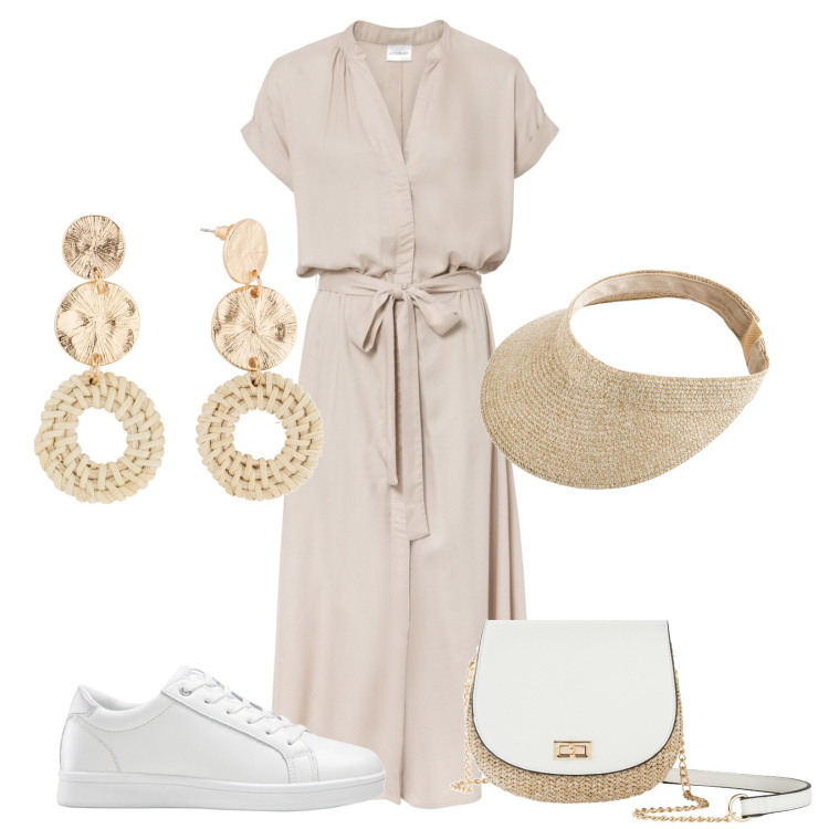 Outfit donna - Nature. Stile Sporty chic per Tutti i giorni. Abbinamento con vestiti chemisier, sneakers, orecchini, cappelli con visiera, borse a tracolla.