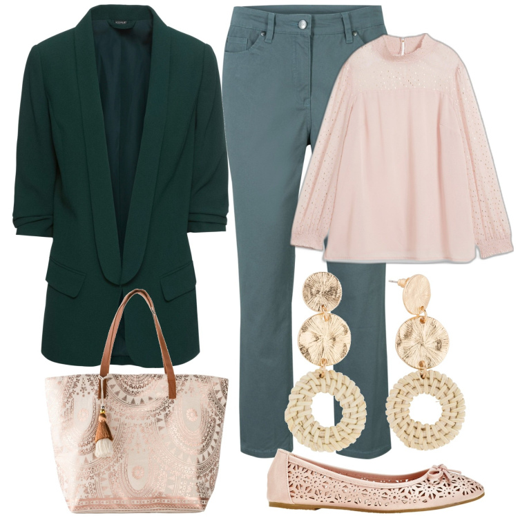 Outfit donna - BonPrix. Stile Casual chic per Tutti i giorni. Abbinamento con blazer, pantaloni, ballerine, tuniche, shopping bag, orecchini.
