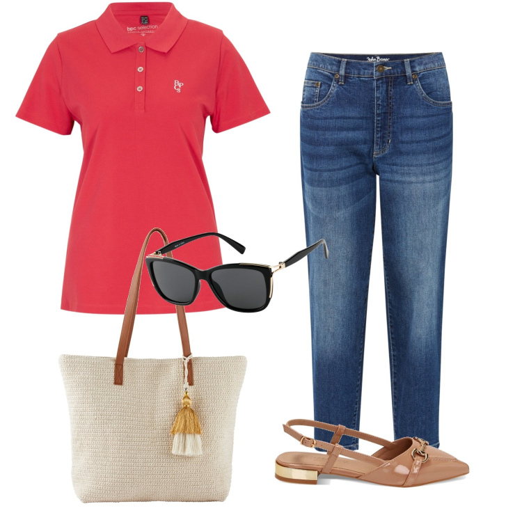 Outfit donna - Mamma sprint. Stile Casual per Tutti i giorni. Abbinamento con jeans mom, polo, occhiali da sole, shopping bag, ballerine.