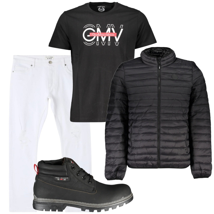 Outfit uomo - Total look #1844282. Stile Casual per Tutti i giorni. Abbinamento con jeans strappati, stivali, t-shirt, giacche.