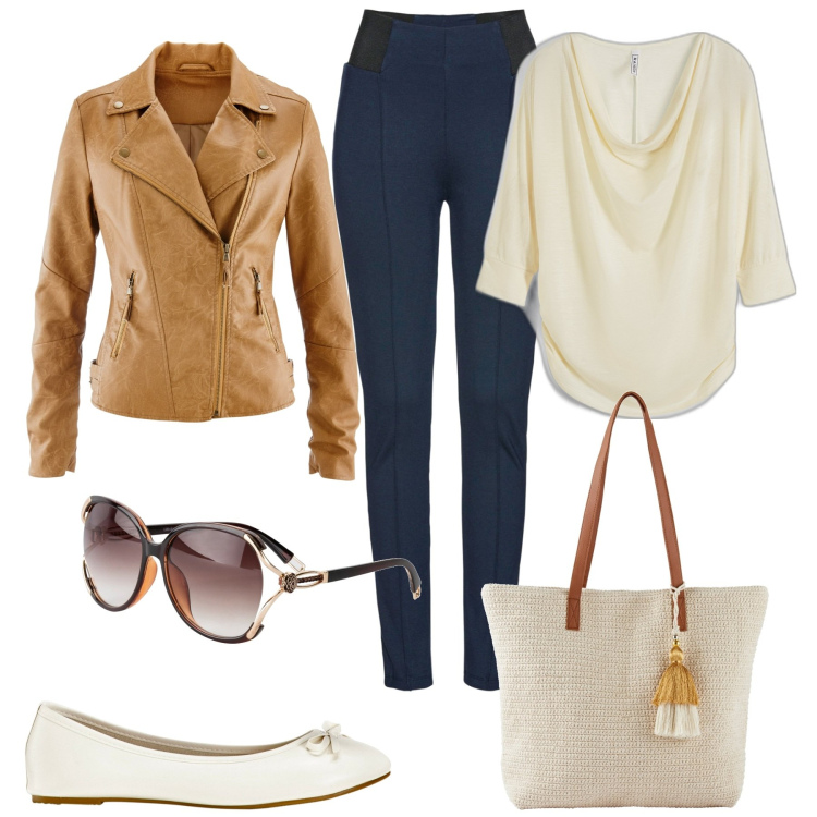 Outfit donna - Bonprix. Stile Casual chic per Tutti i giorni. Abbinamento con occhiali da sole, ballerine, maglieria, leggings, blazer, shopping bag.