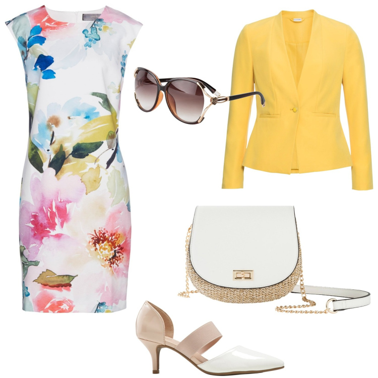 Outfit donna - Happy Easter by bonprix. Stile Romantica per Tutti i giorni. Abbinamento con blazer, borse a tracolla, occhiali da sole, décolleté, vestiti a tubino.