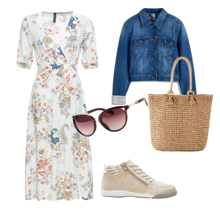 Outfit donna - Giornata in leggerezza. Stile Casual chic per Tutti i giorni. Abbinamento con occhiali da sole, vestiti midi/longuette, sneakers alte, blazer, shopping bag.
