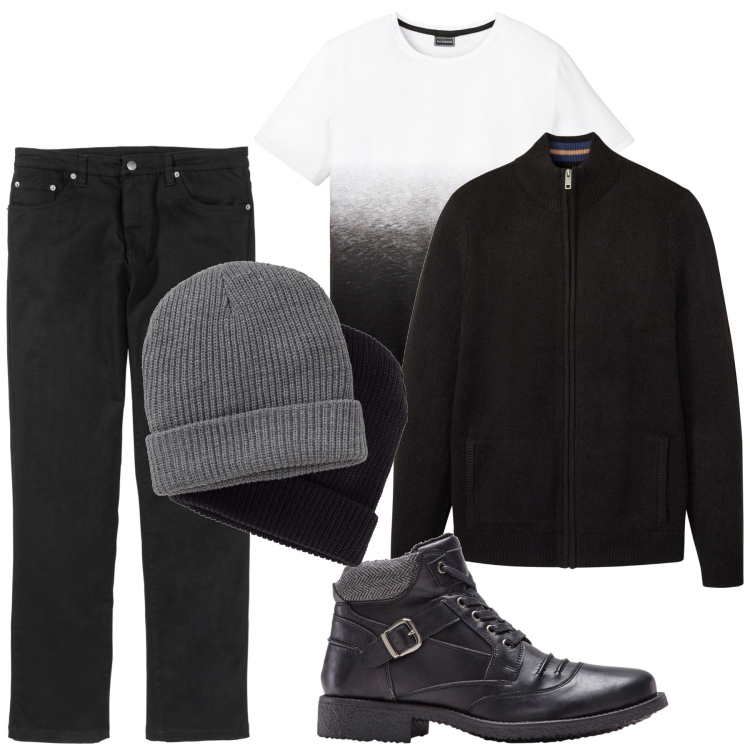 Outfit uomo - Total look #1844297. Stile Casual per Tutti i giorni. Abbinamento con pantaloni, cardigans, t-shirt, berretti, stivali e stivaletti.