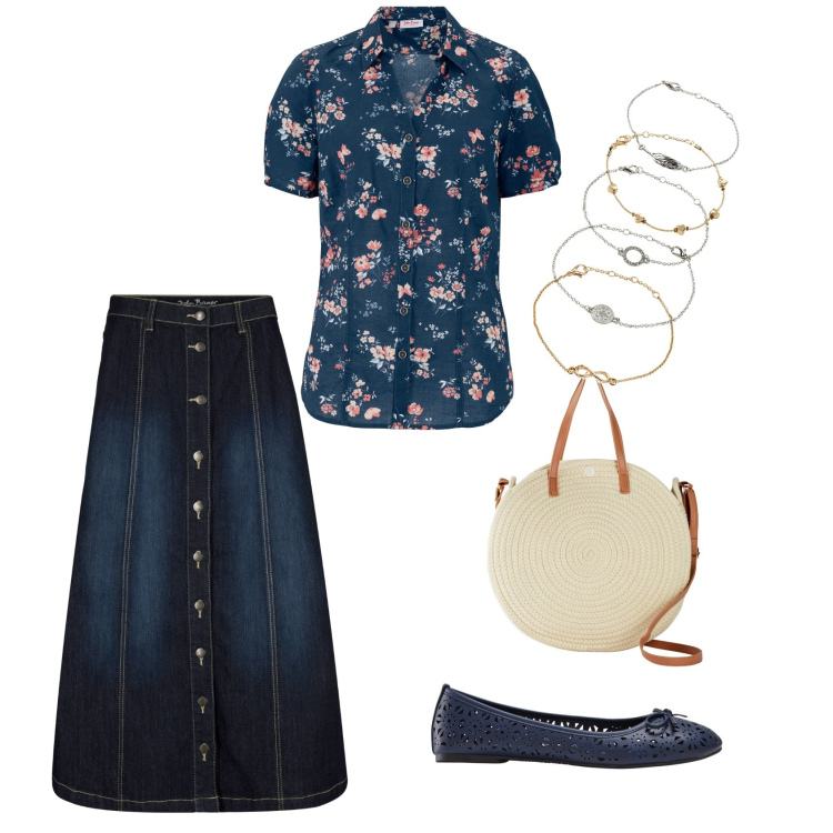 Outfit donna - Blusa fiorita. Stile Casual per Tutti i giorni. Abbinamento con braccialetti con ciondoli, ballerine, gonne longuette, shopping bag, camicie a manica corta.