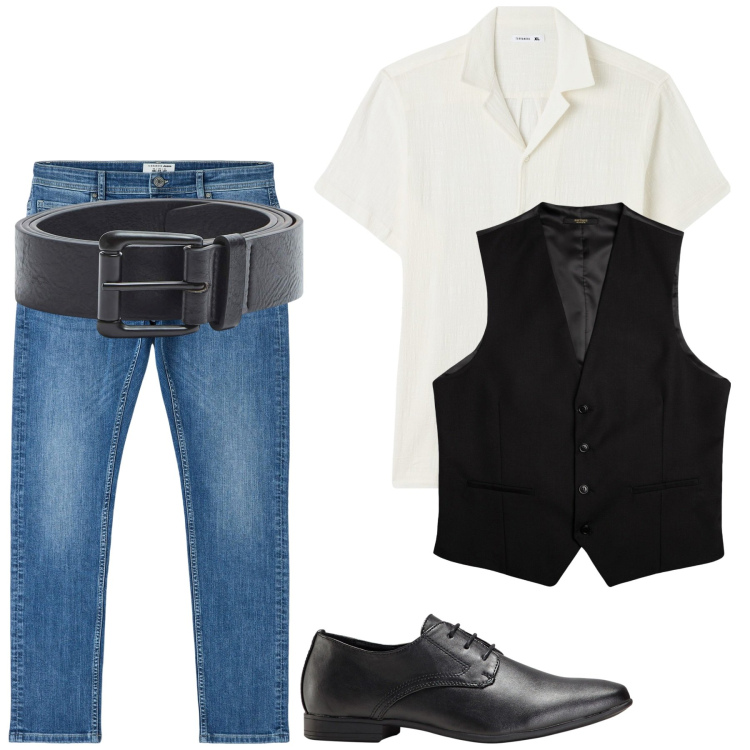 Outfit uomo - Total look #1844302. Stile Trendy per Tutti i giorni. Abbinamento con scarpe stringate, camicie a manica corta, jeans skinny, cinture, gilet.