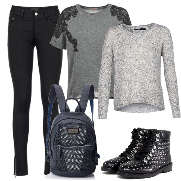 Outfit donna - Sovrapporre. Stile Trendy per Scuola/Università. Abbinamento con pantaloni, maglione grigio, felpa grigio, scarponcini, borsa zainetto navy.