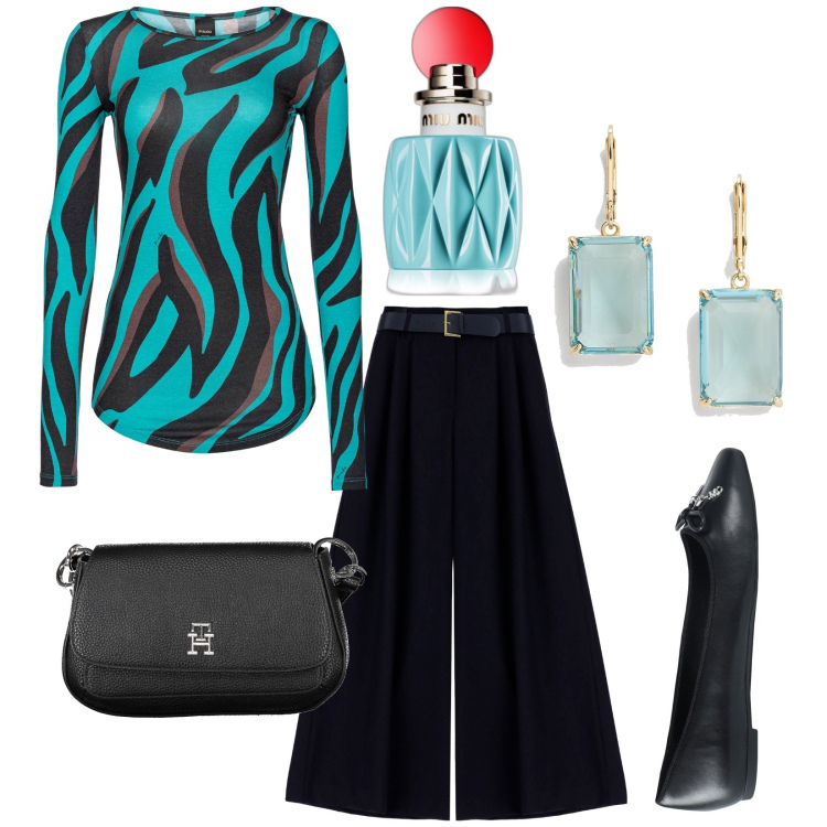 Outfit donna - Animalier di città. Stile Trendy per Tutti i giorni. Abbinamento con ballerine, profumi, maglieria, pantaloni a palazzo, orecchini, borse a tracolla.