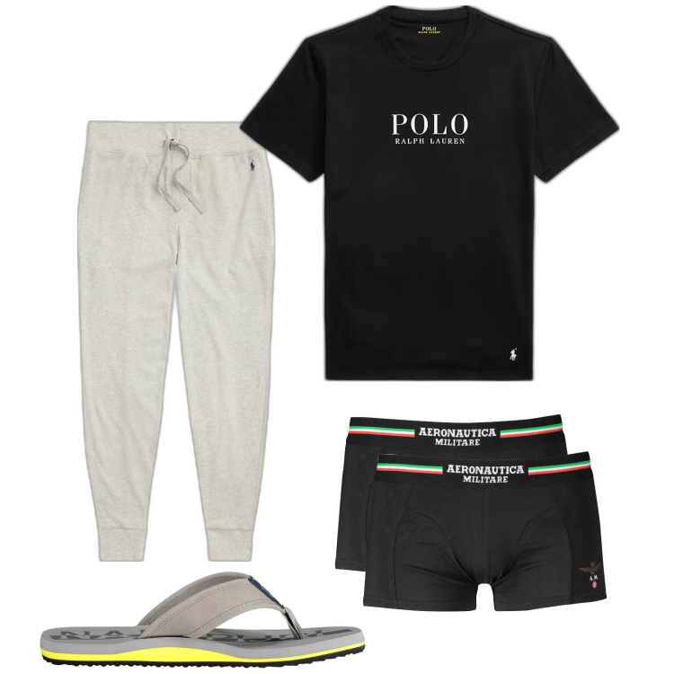 Outfit uomo - Comodo a casa. Stile Casual per Tutti i giorni. Abbinamento con t-shirt, pantaloni, sandali, boxer.