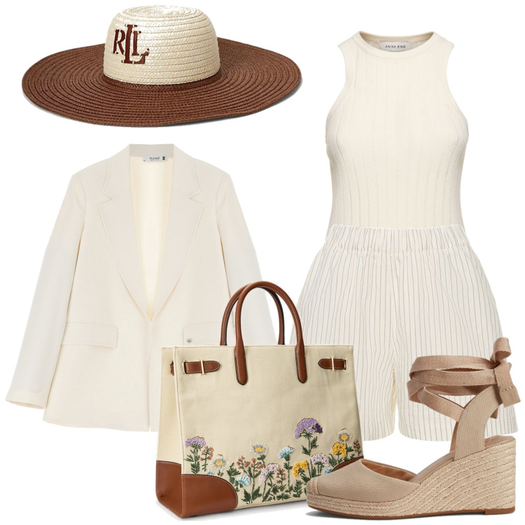 Outfit donna - Ospite torneo di polo. Stile Casual chic per Tutti i giorni. Abbinamento con blazer, cappelli, borse tote, espadrillas, shorts, top.