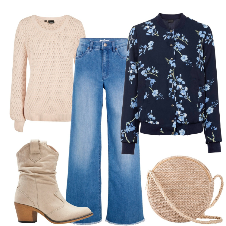 Outfit donna - Total look #1844347. Stile Basic per Tutti i giorni. Abbinamento con jeans, bomber, stivaletti texani, maglieria, borse a tracolla.