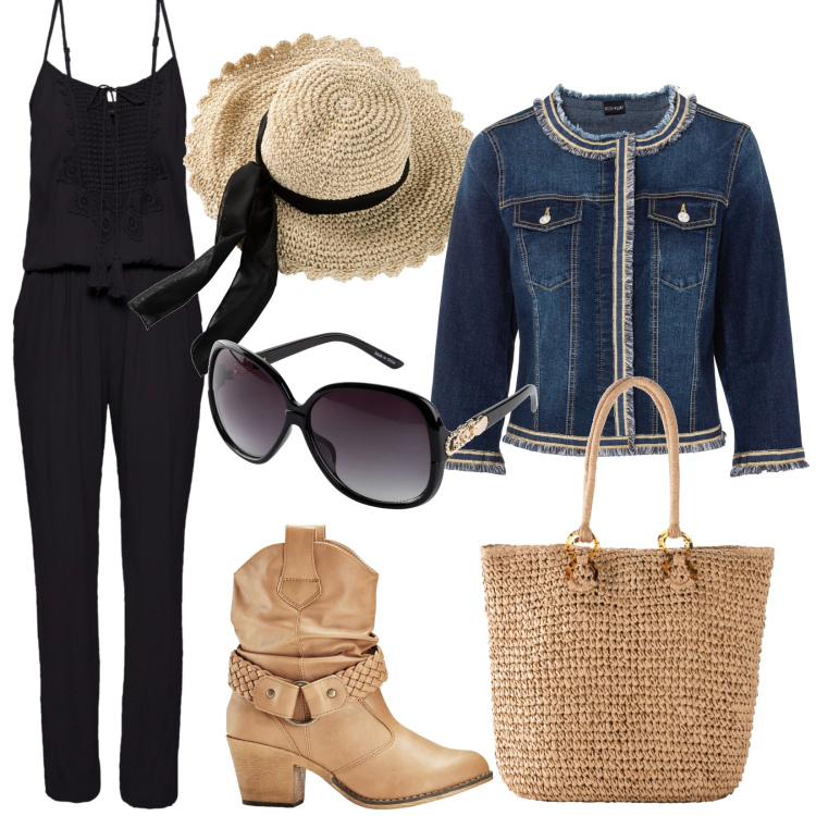 Outfit donna - Total look #1844366. Stile Basic per Tutti i giorni. Abbinamento con tute, blazer, cappelli, occhiali da sole, stivaletti texani, shopping bag.