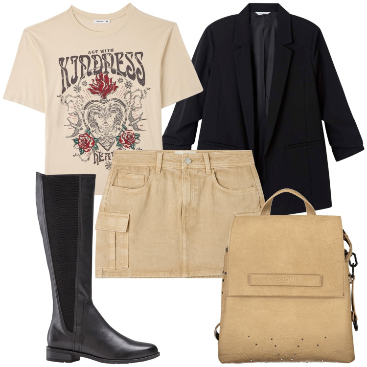 Outfit donna - Total look #1844369. Stile Urban per Tutti i giorni. Abbinamento con stivali sopra il ginocchio, minigonne, t-shirt, blazer, zaini.
