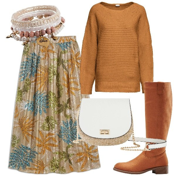 Outfit donna - Total look #1844370. Stile Basic per Tutti i giorni. Abbinamento con stivali, braccialetti, borse a tracolla, maglieria, gonne lunghe.