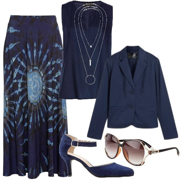 Outfit donna - Al ristorante. Stile Bon Ton per Tutti i giorni. Abbinamento con gonne, ciondoli, décolleté, occhiali da sole, top, blazer.