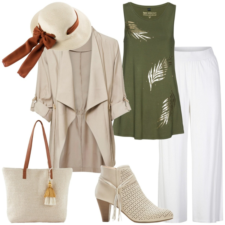 Outfit donna - Eleganza con leggerezza. Stile Casual chic per Tutti i giorni. Abbinamento con pantaloni, cappelli, top, blazer, stivaletti, shopping bag.