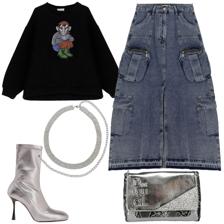 Outfit donna - Total look #1844389. Stile Urban per Tutti i giorni. Abbinamento con stivaletti, cinture, gonne lunghe, felpe, borse a spalla.