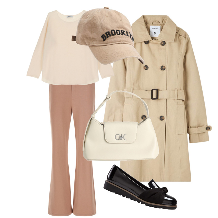 Outfit donna - Tempo di primavera. Stile Basic per Tutti i giorni. Abbinamento con mocassini, borse a mano, trench, cappelli, maglieria, pantaloni.