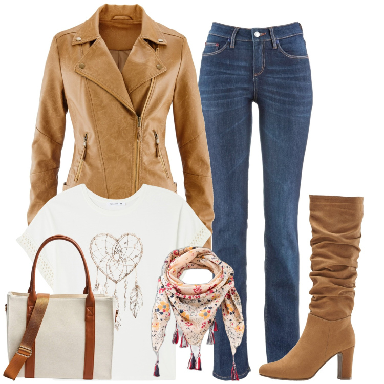 Outfit donna - City. Stile Casual chic per Tutti i giorni. Abbinamento con jeans dritti, blazer, stivali, foulard, t-shirt, shopping bag.
