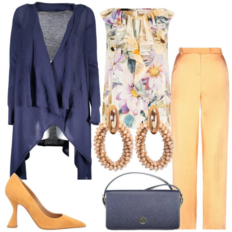 Outfit donna - Pranzo in città. Stile Chic per Tutti i giorni. Abbinamento con pantaloni, décolleté, orecchini, bluse, cardigans, borse a spalla.