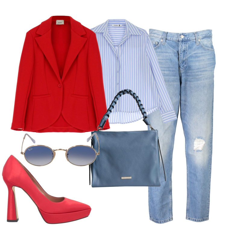 Outfit donna - City. Stile Casual chic per Tutti i giorni. Abbinamento con décolleté, borse a mano, camicie, blazer, occhiali da sole, jeans mom.