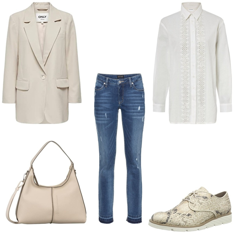 Outfit femme - Le beige et blanc. Style Tendance pour Bureau. Assortir avec jean skinny, chemisiers, chaussures à lacets, blazers, sacs à main.