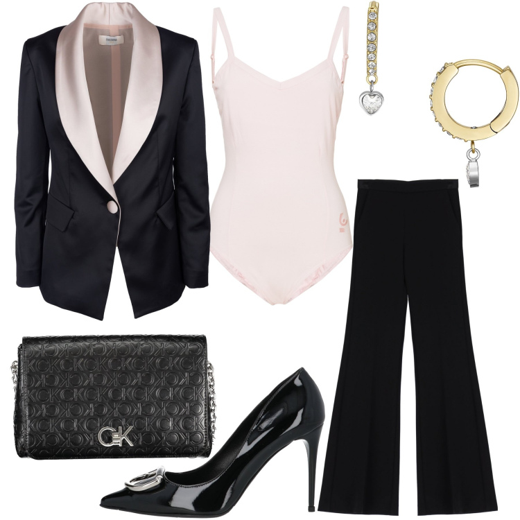 Outfit donna - Il tailleur nero. Stile Chic per Serata fuori. Abbinamento con décolleté, orecchini, blazer, pantaloni, body, borse a tracolla.