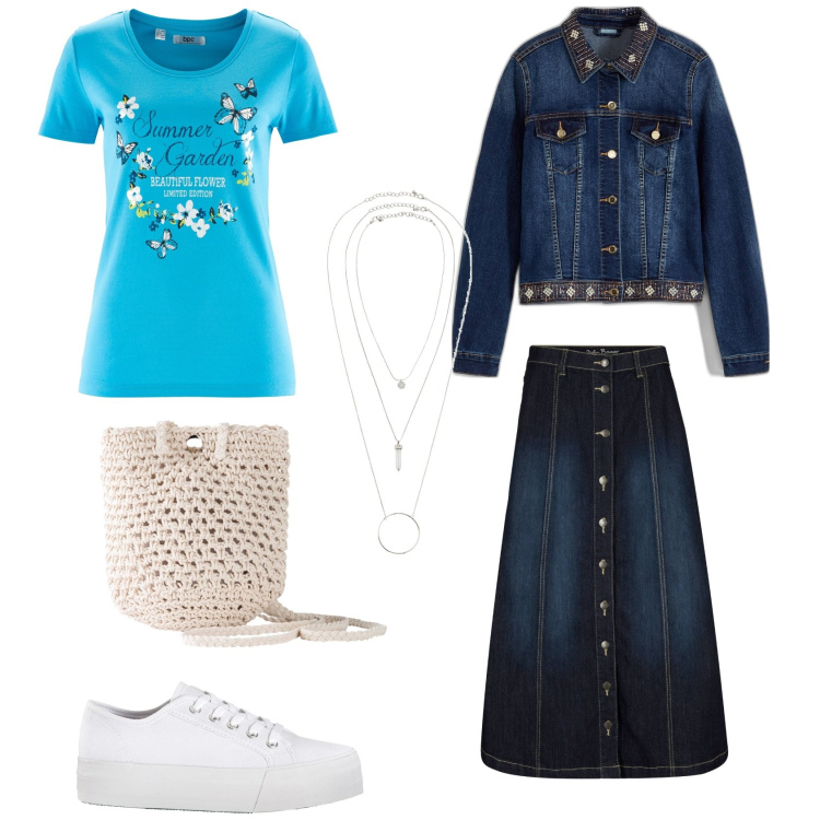 Outfit donna - Total look #1844443. Stile Casual per Tutti i giorni. Abbinamento con gonne longuette, t-shirt, ciondoli, sneakers, blazer, borse a tracolla.