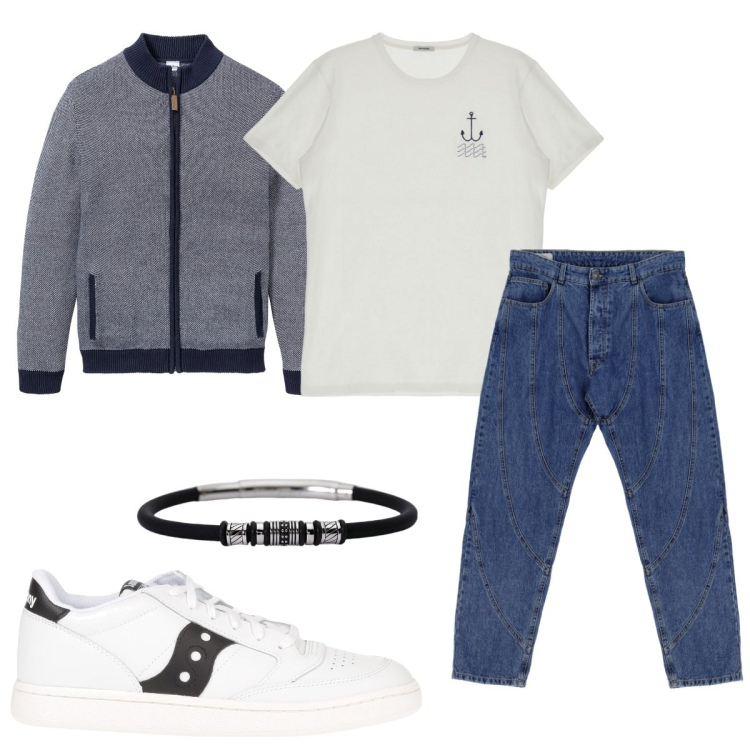 Outfit uomo - Total look #1844446. Stile Trendy per Tutti i giorni. Abbinamento con cardigans, sneakers, braccialetti, t-shirt, jeans dritti.