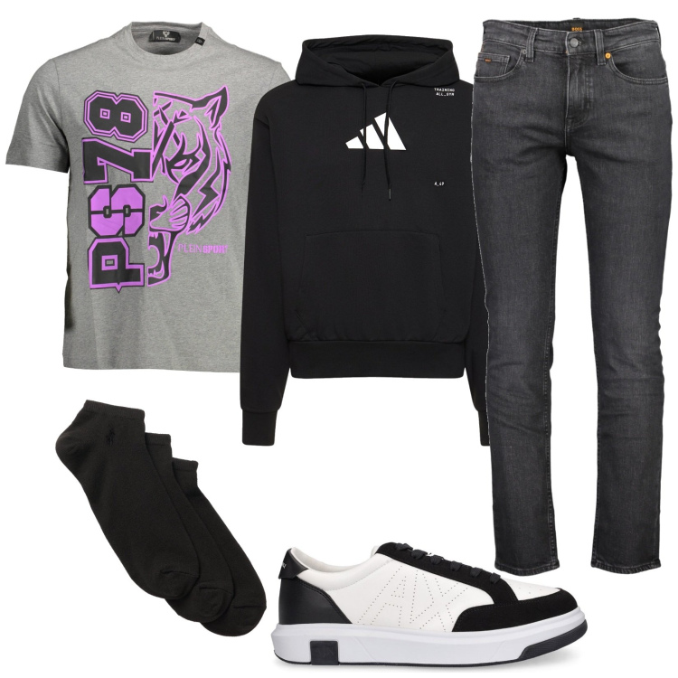 Outfit uomo - La t-shirt sportiva. Stile Urban per Tutti i giorni. Abbinamento con calzini, sneakers, felpe con cappuccio, jeans slim fit, t-shirt.