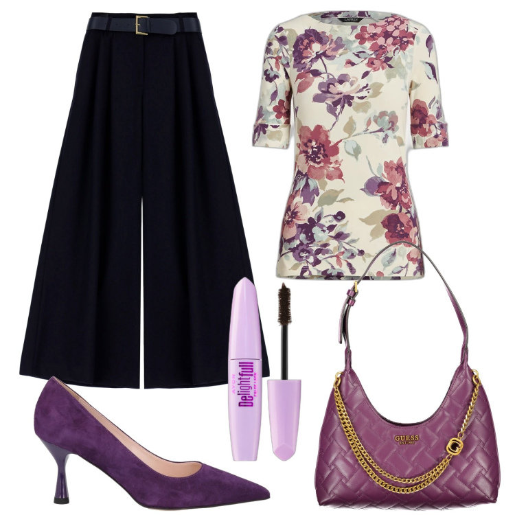 Outfit donna - Pantaloni ampi. Stile Trendy per Serata fuori. Abbinamento con décolleté, mascara, pantaloni a palazzo, maglieria, borse a spalla.