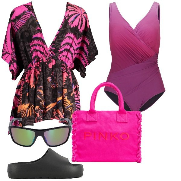 Outfit donna - Fuga tropicale. Stile Basic per Mare. Abbinamento con costumi interi, shopping bag, ciabatte, vestiti corti, occhiali da sole.