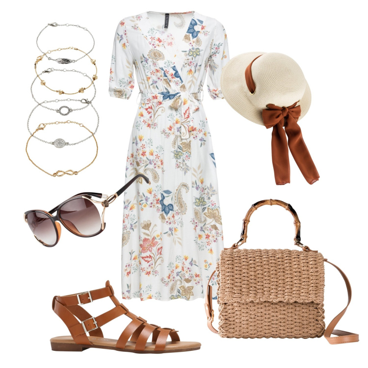 Outfit donna - Pasquetta in campagna. Stile Etnico per Tutti i giorni. Abbinamento con cappelli, braccialetti con ciondoli, occhiali da sole, vestiti midi/longuette, borse a mano, sandali.