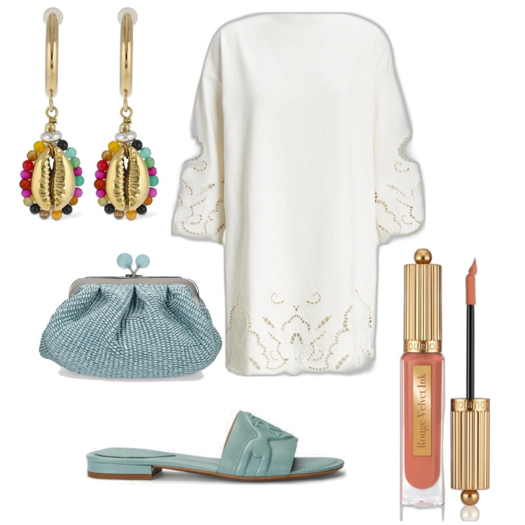 Outfit donna - Modamare La Maddalena. Stile Chic per Mare. Abbinamento con rossetti, vestiti, sandali in pelle, orecchini, pochette.