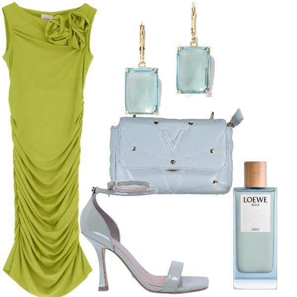 Outfit donna - Total look #1844479. Stile Vintage retrò per Cerimonia. Abbinamento con profumi, vestiti corti, orecchini, borse a tracolla, sandali col tacco.