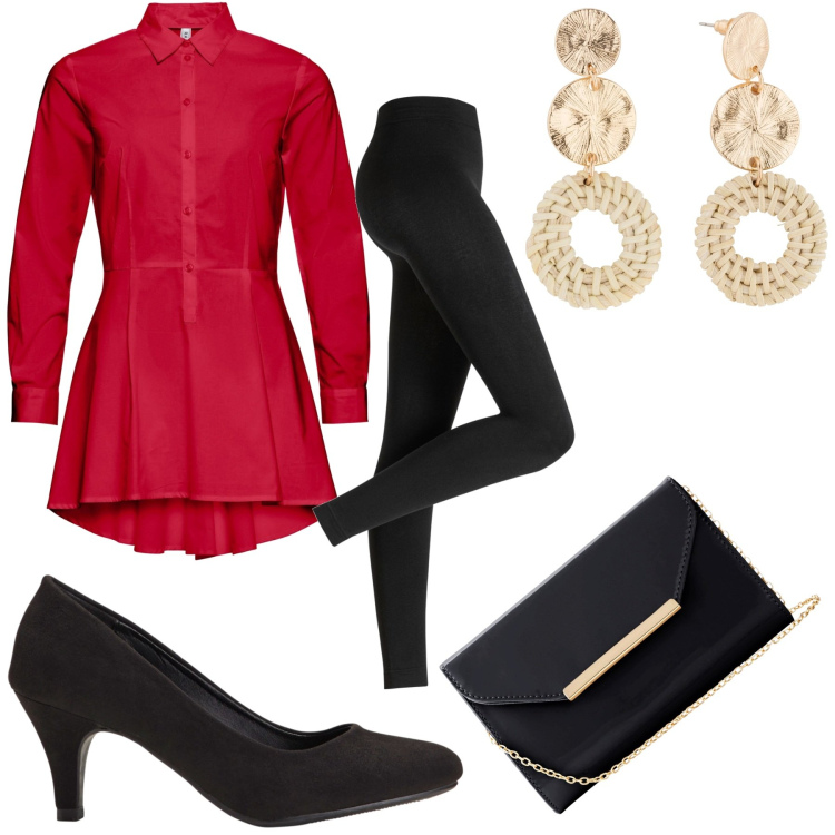 Outfit donna - Semplicemente femminile. Stile Chic per Tutti i giorni. Abbinamento con leggings, décolleté, orecchini, camicie, pochette.