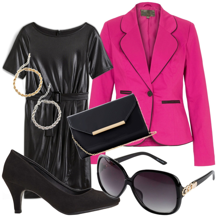 Outfit donna - FUXIA e tacco comodo. Stile Chic per Tutti i giorni. Abbinamento con décolleté, occhiali da sole, braccialetti, vestiti, blazer, pochette.