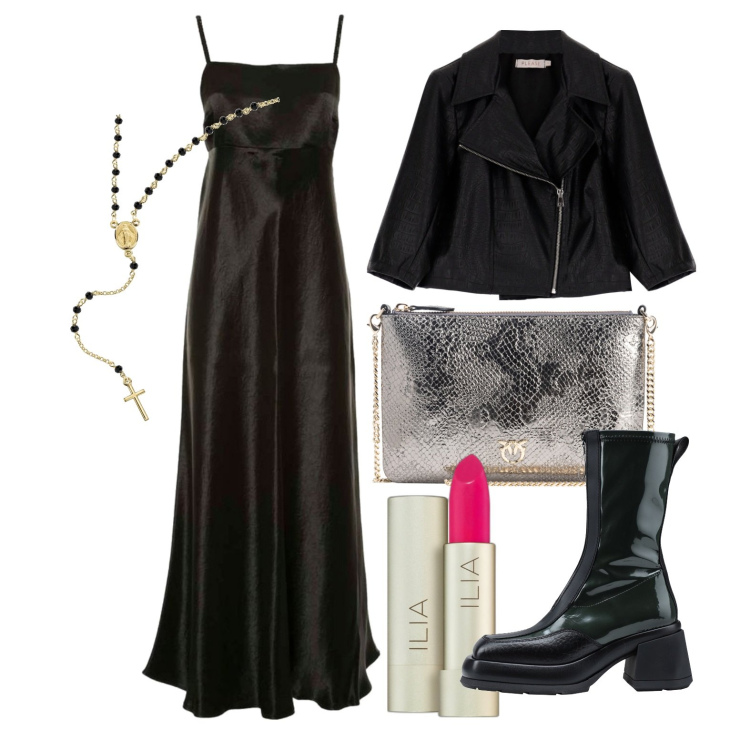 Outfit donna - Ghost outfitter - marzo. Stile Glamour per Serata fuori. Abbinamento con stivaletti, collane, rossetti, borse a tracolla, blazer, vestiti lunghi.