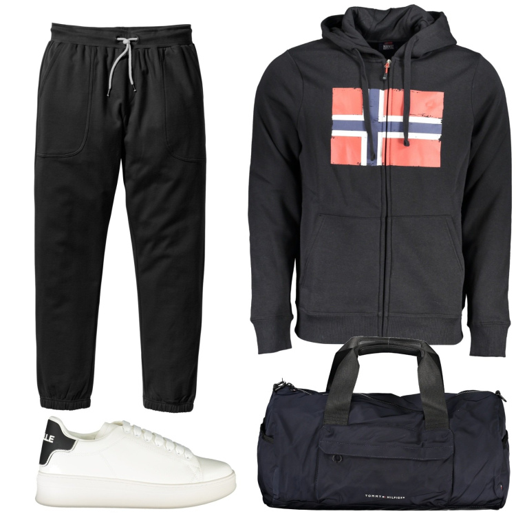 Outfit uomo - Palestra. per Sport. Abbinamento con pantaloni sportivi, borse sportive, felpe con cappuccio, scarpe sportive.
