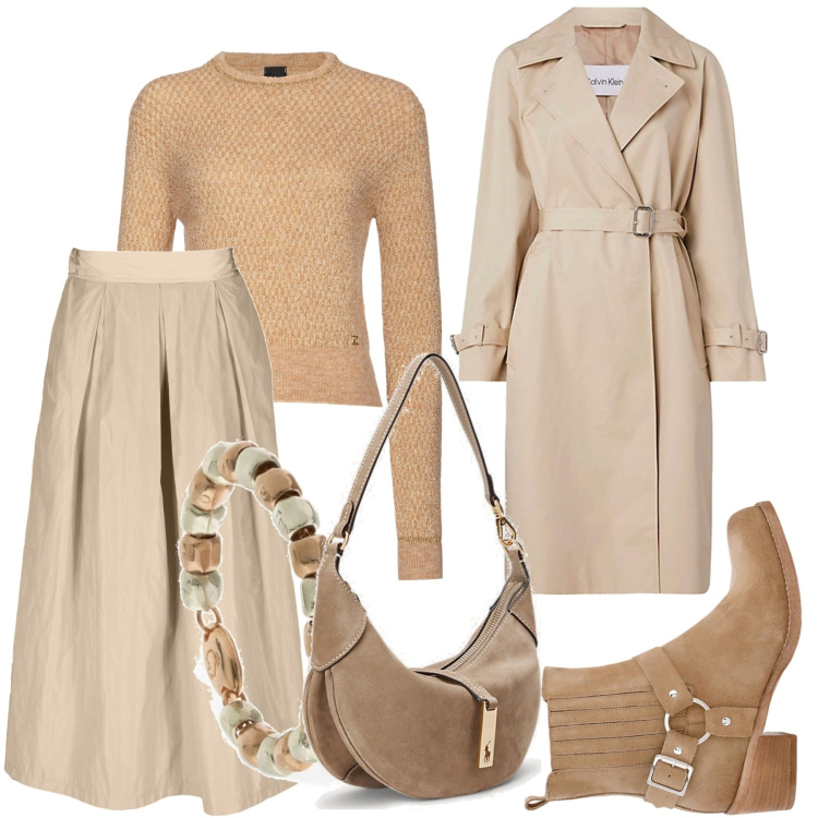 Outfit donna - Conforto e lusso con la pioggia. Stile Casual chic per Tutti i giorni. Abbinamento con pullovers, borse a spalla, stivaletti, trench, anelli, gonne.