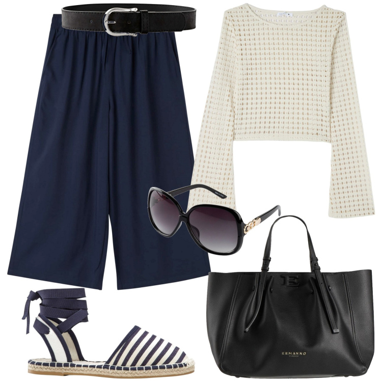 Outfit donna - Katie H. Style. Stile Casual chic per Tutti i giorni. Abbinamento con occhiali da sole, cinture, espadrillas, borse a mano, pantaloni a palazzo, maglieria.