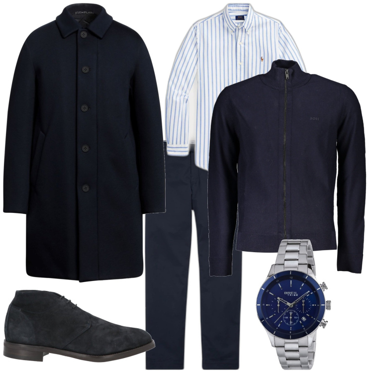 Outfit uomo - Trendy per il week end. Stile Trendy per Tutti i giorni. Abbinamento con orologi, stivali e stivaletti, cappotti, camicie, pantaloni chino, cardigans.