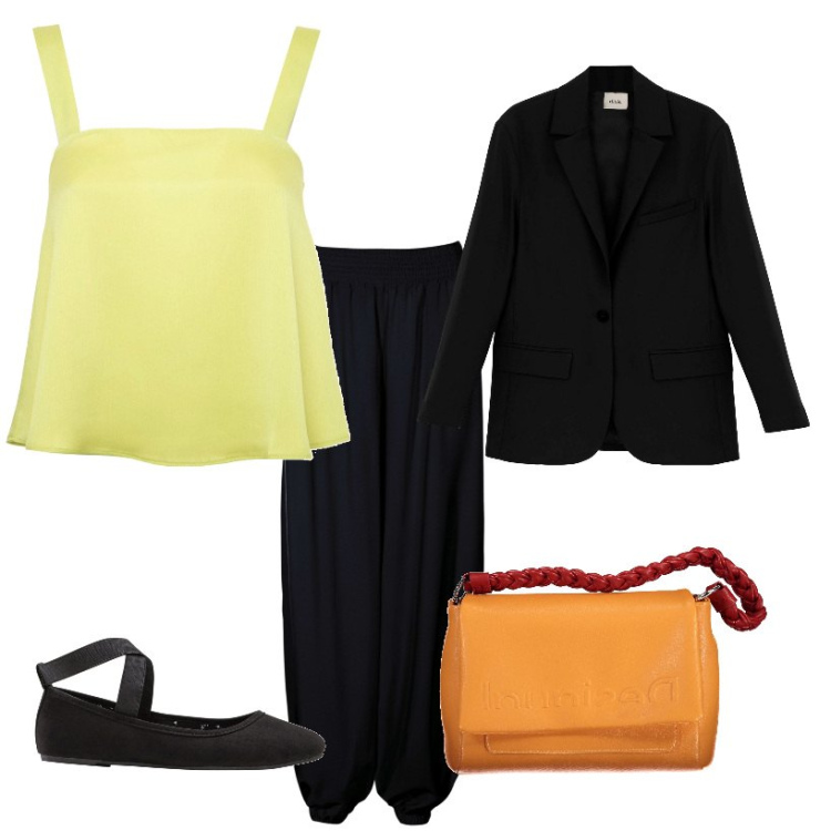 Outfit donna - Con le amiche. Stile Casual per Tutti i giorni. Abbinamento con ballerine, pantaloni a palazzo, cappotti, borse a spalla, top.
