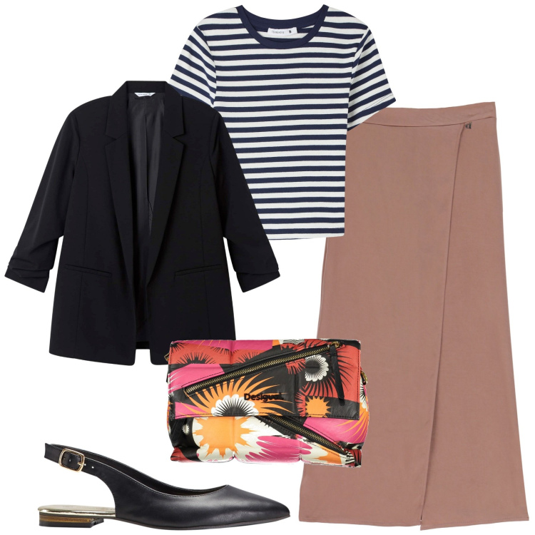 Outfit donna - Bon ton a righe. Stile Bon Ton per Tutti i giorni. Abbinamento con ballerine, blazer, t-shirt, gonne lunghe, borse a spalla.
