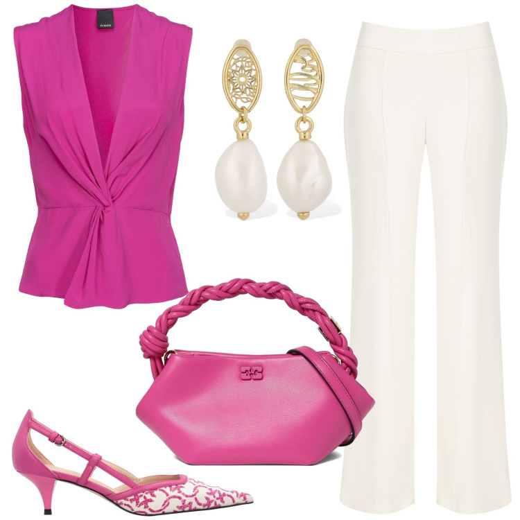 Outfit donna - Pantaloni bianchi e top elegante. Stile Glamour per Ufficio. Abbinamento con top, décolleté, pantaloni a palazzo, orecchini, borse a mano.